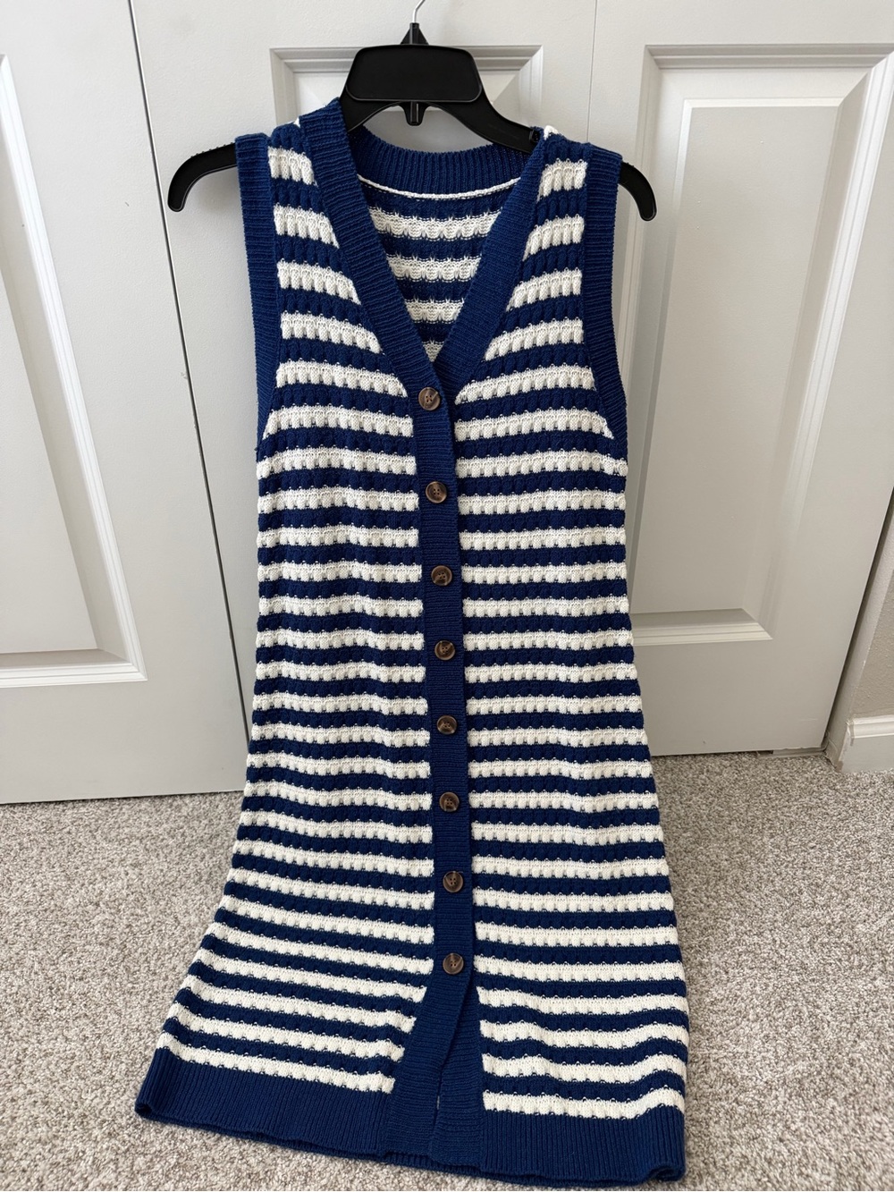 BLENCOT Striped Knit Sweater Vest Dress Navy White V-Neck Button Front Size S